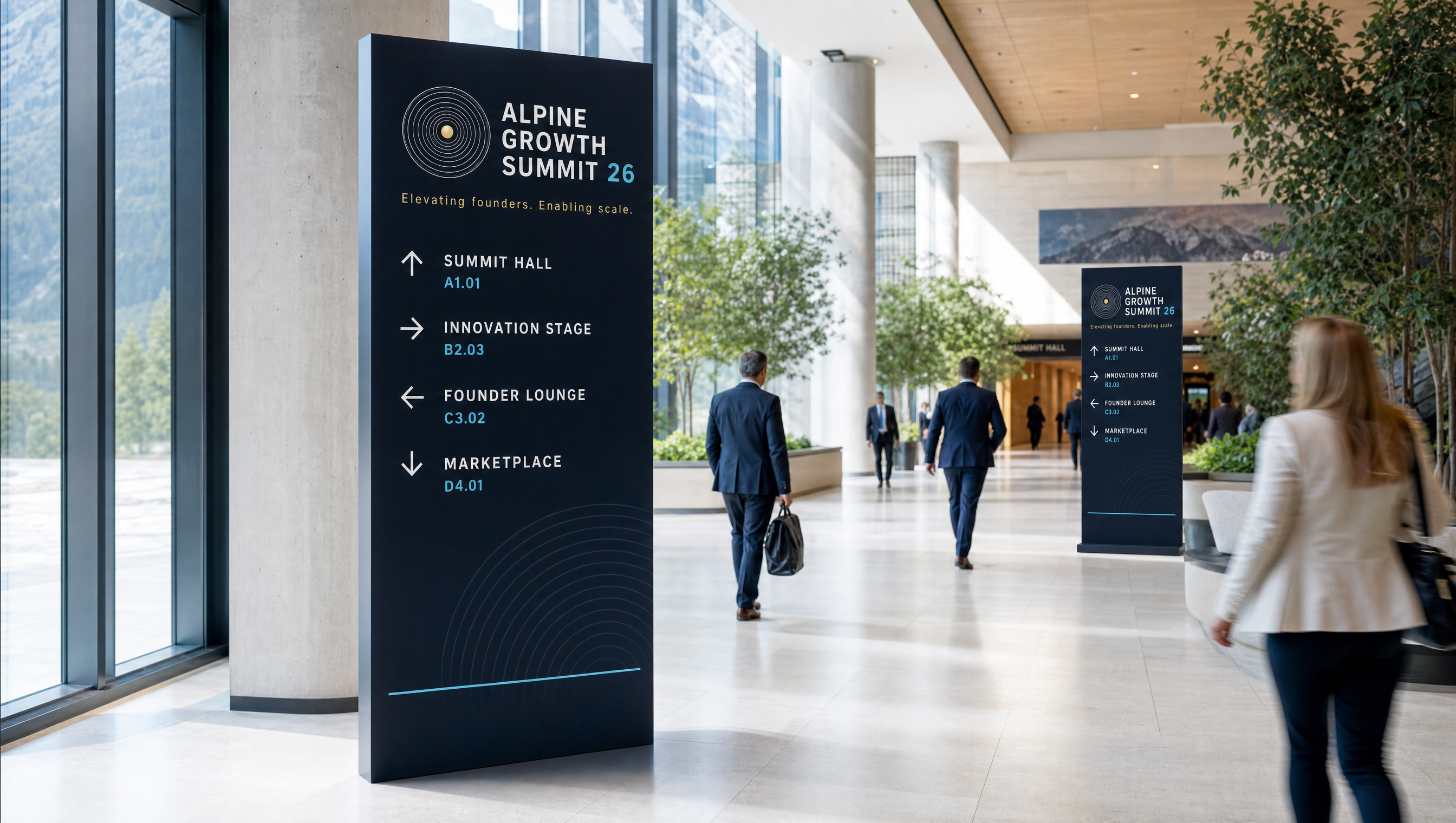 Concept 01 application — wayfinding & signage