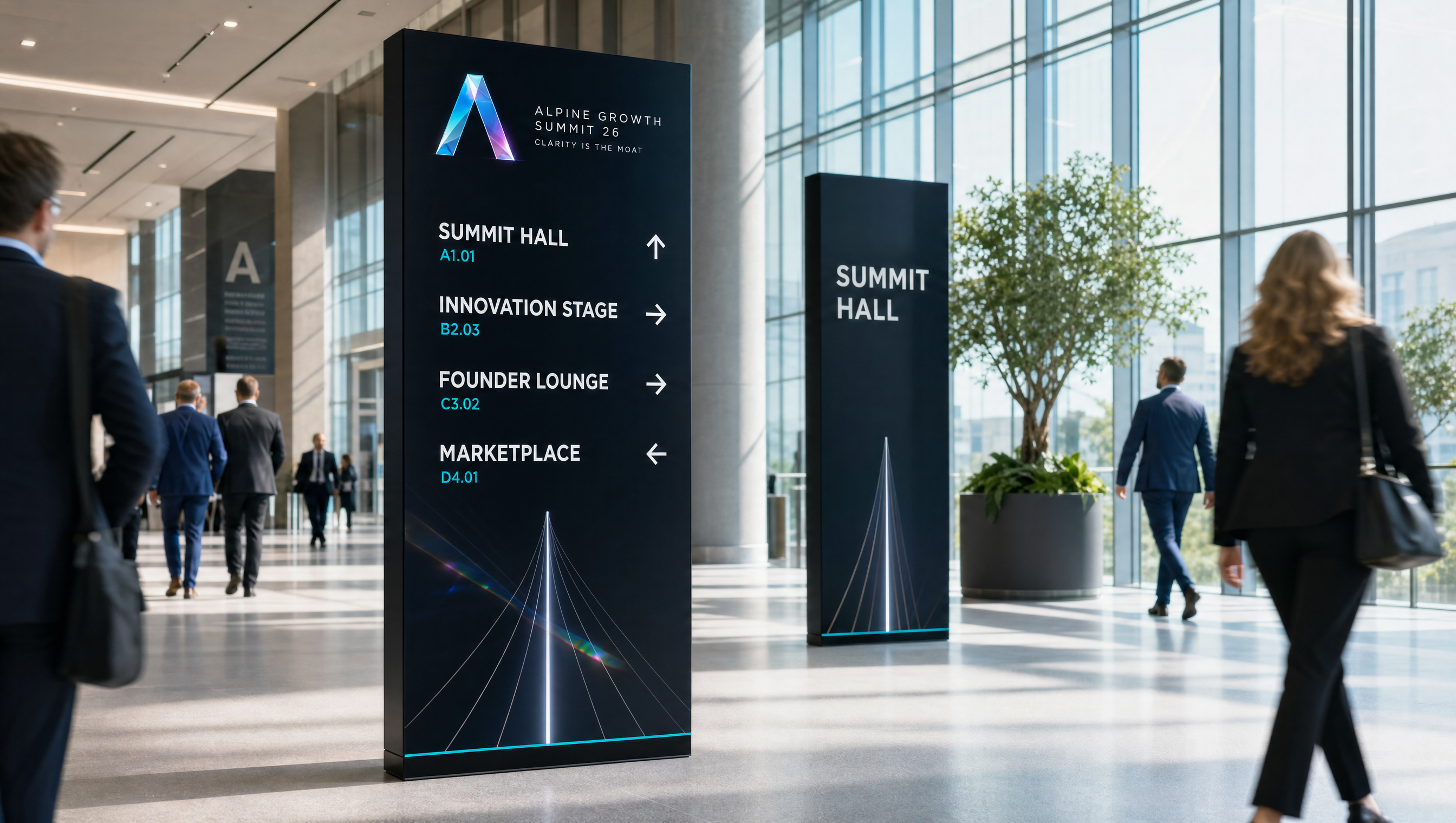 Concept 02 application — wayfinding & signage